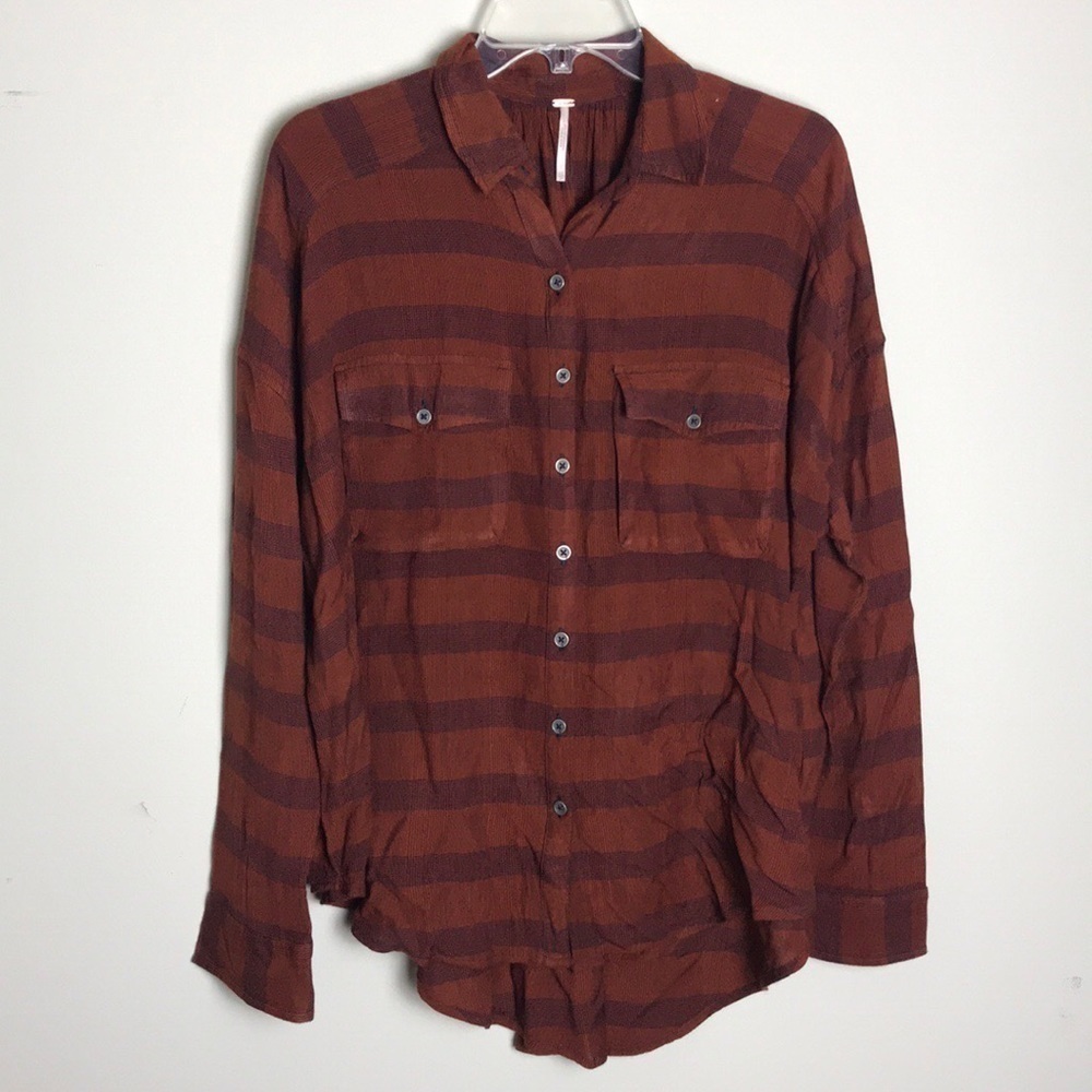 Free People Burnt Orange Plaid Stripe Button Down